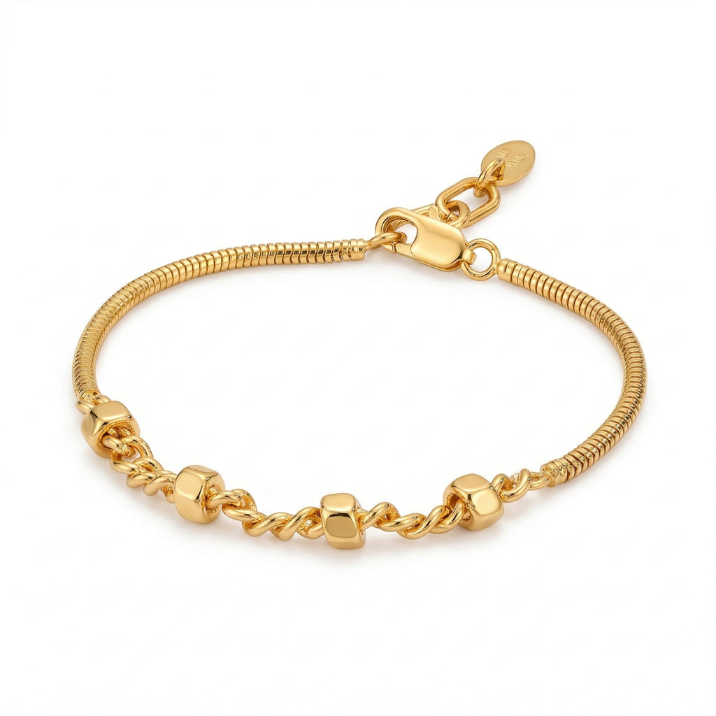 Gold-Plated Twisted Link and Beaded Chain Bracelet
