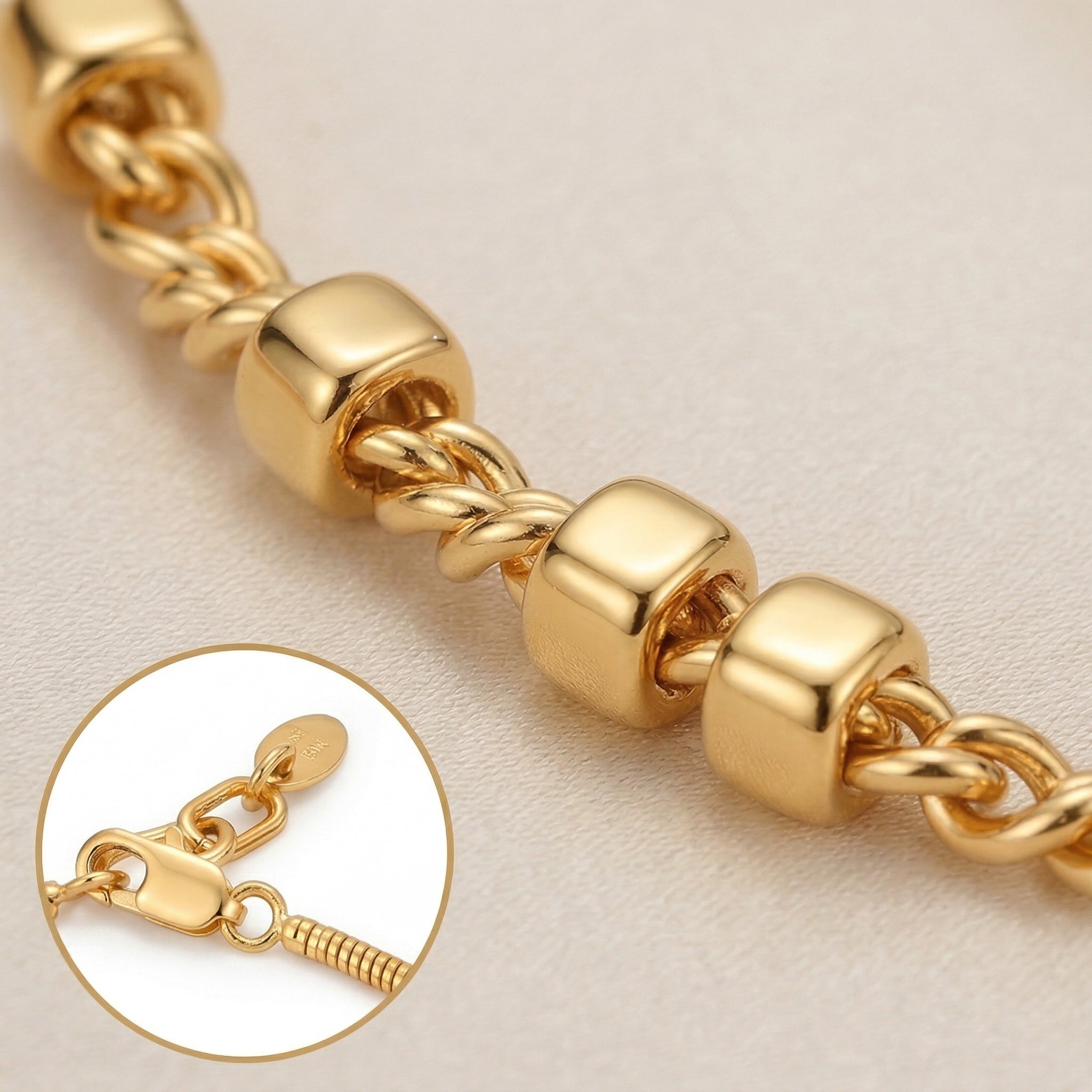 Gold-Plated Twisted Link and Beaded Chain Bracelet