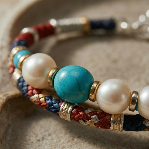 Braided Bracelet with Blue and Pearl-Style Center Accents