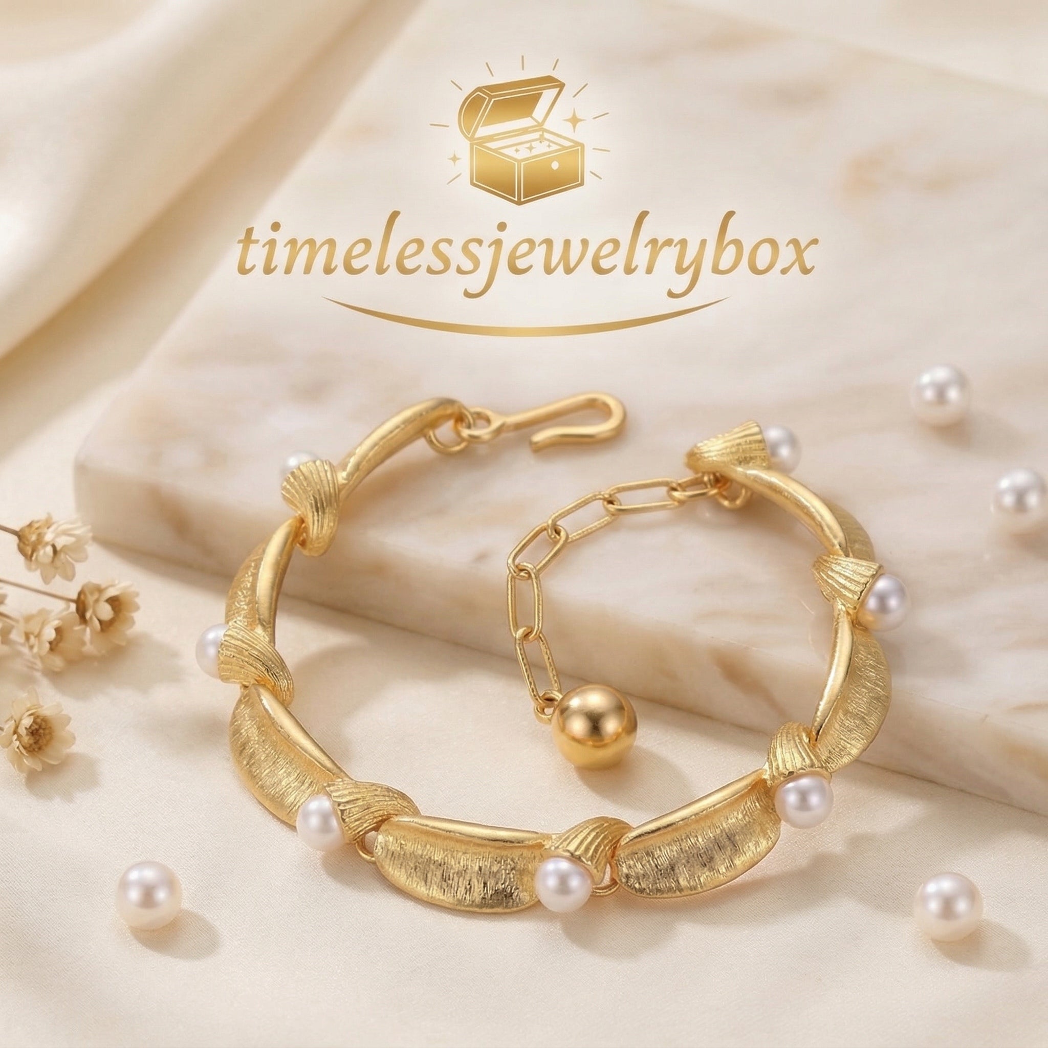 Gold-Plated Pearl and Leaf Design Bracelet