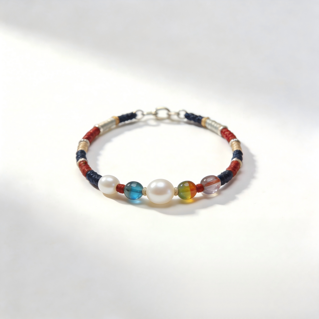 Braided Bracelet with Multicolor Accent Beads and Pearl-Style Center Detail