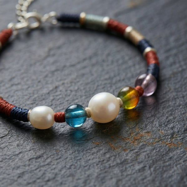 Braided Bracelet with Multicolor Accent Beads and Pearl-Style Center Detail