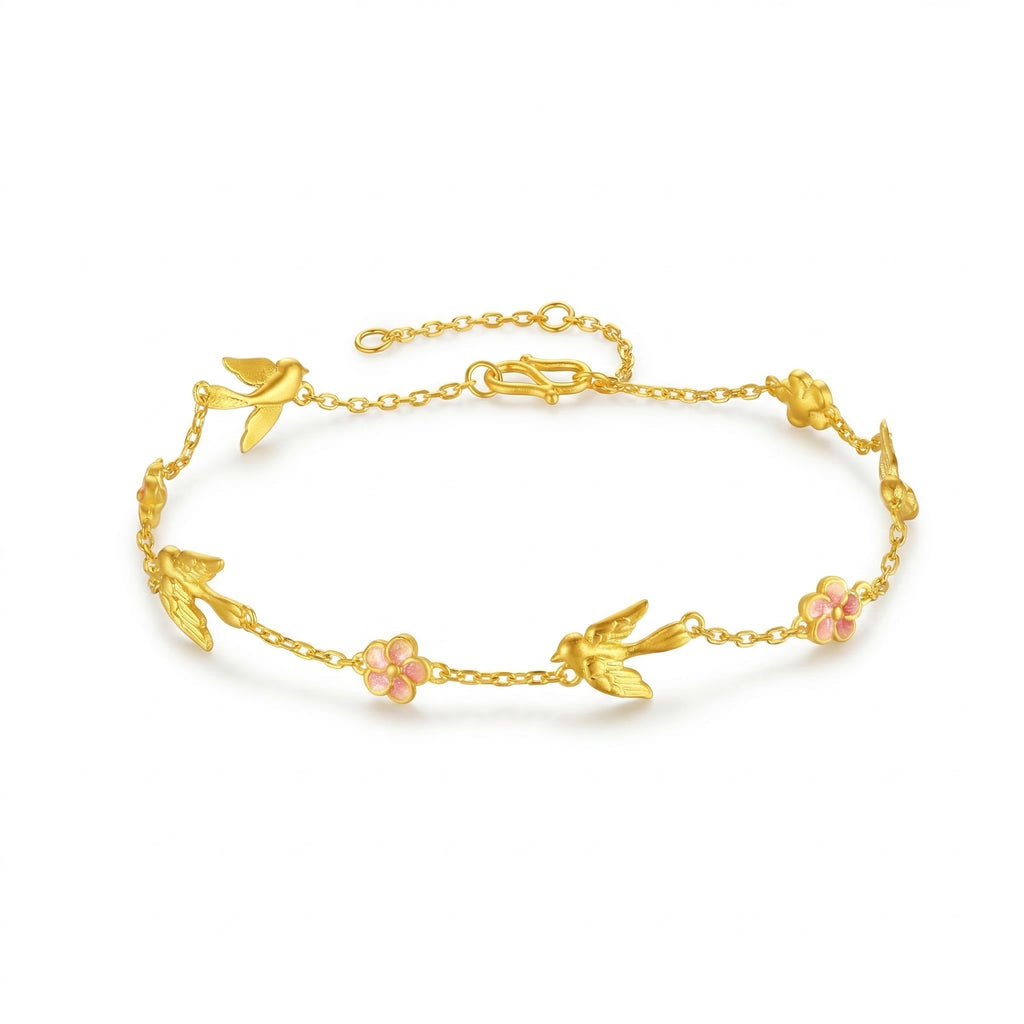 Gold-Plated Bird and Flower Charm Bracelet