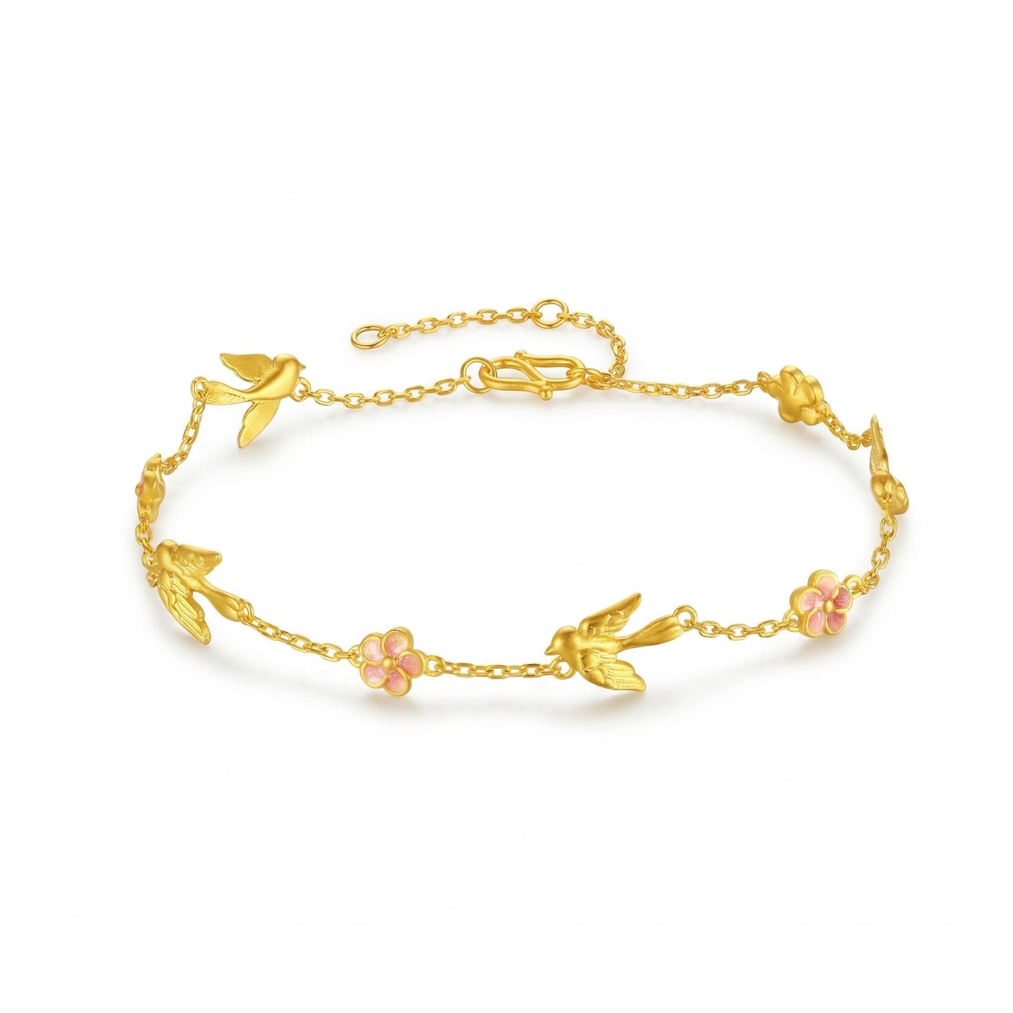 Gold-Plated Bird and Flower Charm Bracelet