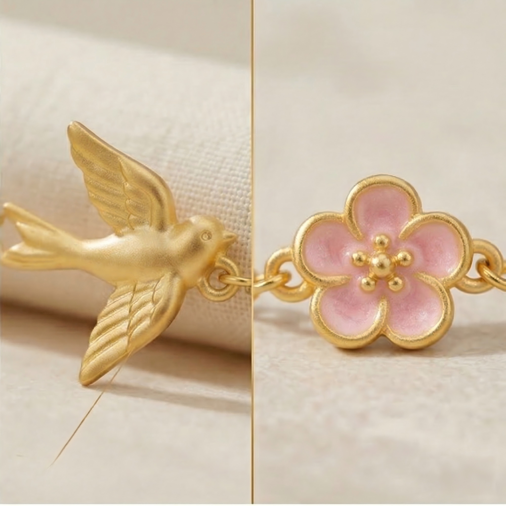 Gold-Plated Bird and Flower Charm Bracelet