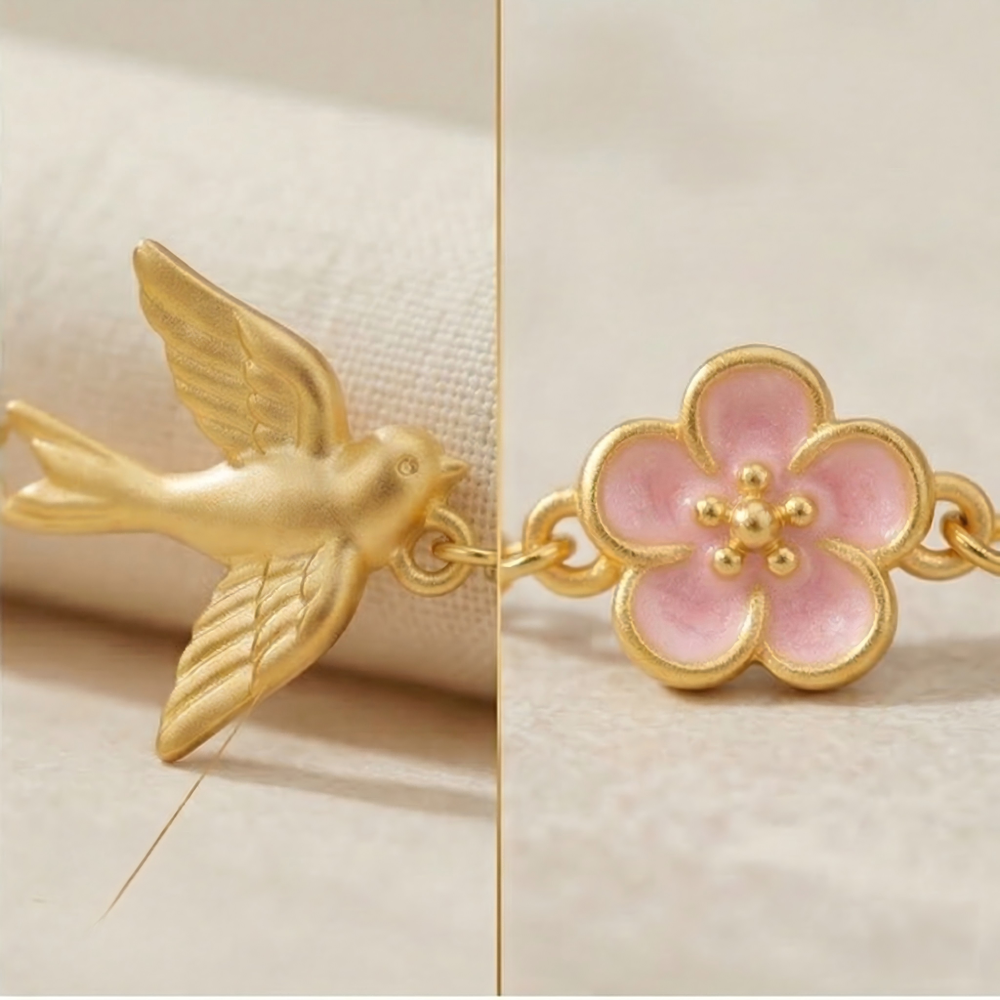 Gold-Plated Bird and Flower Charm Bracelet