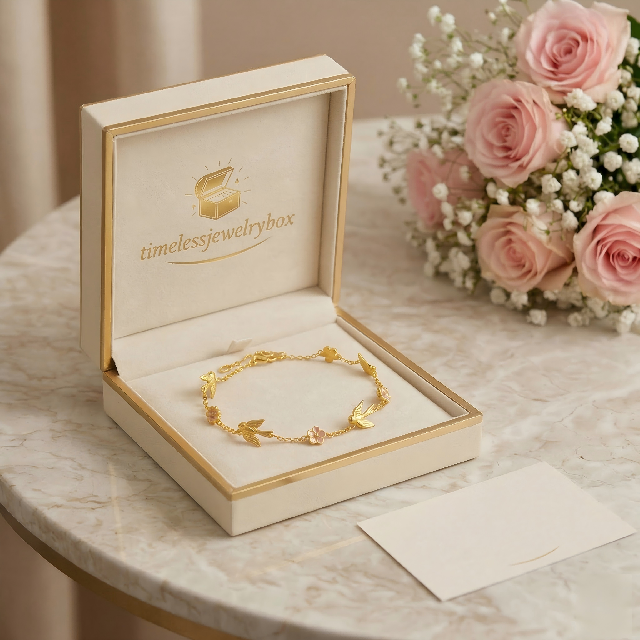 Gold-Plated Bird and Flower Charm Bracelet