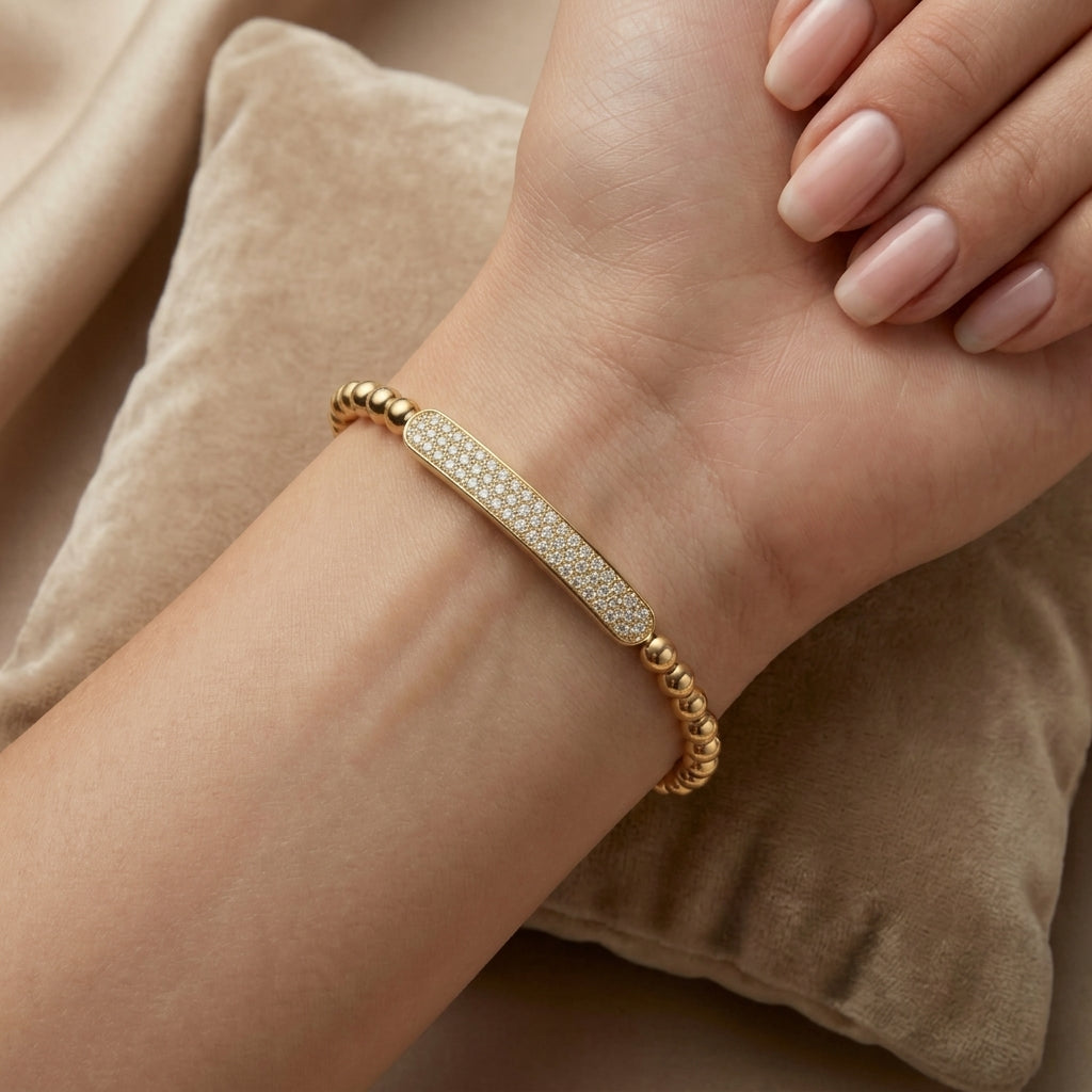 Gold-Plated Beaded Bangle with Crystal Bar