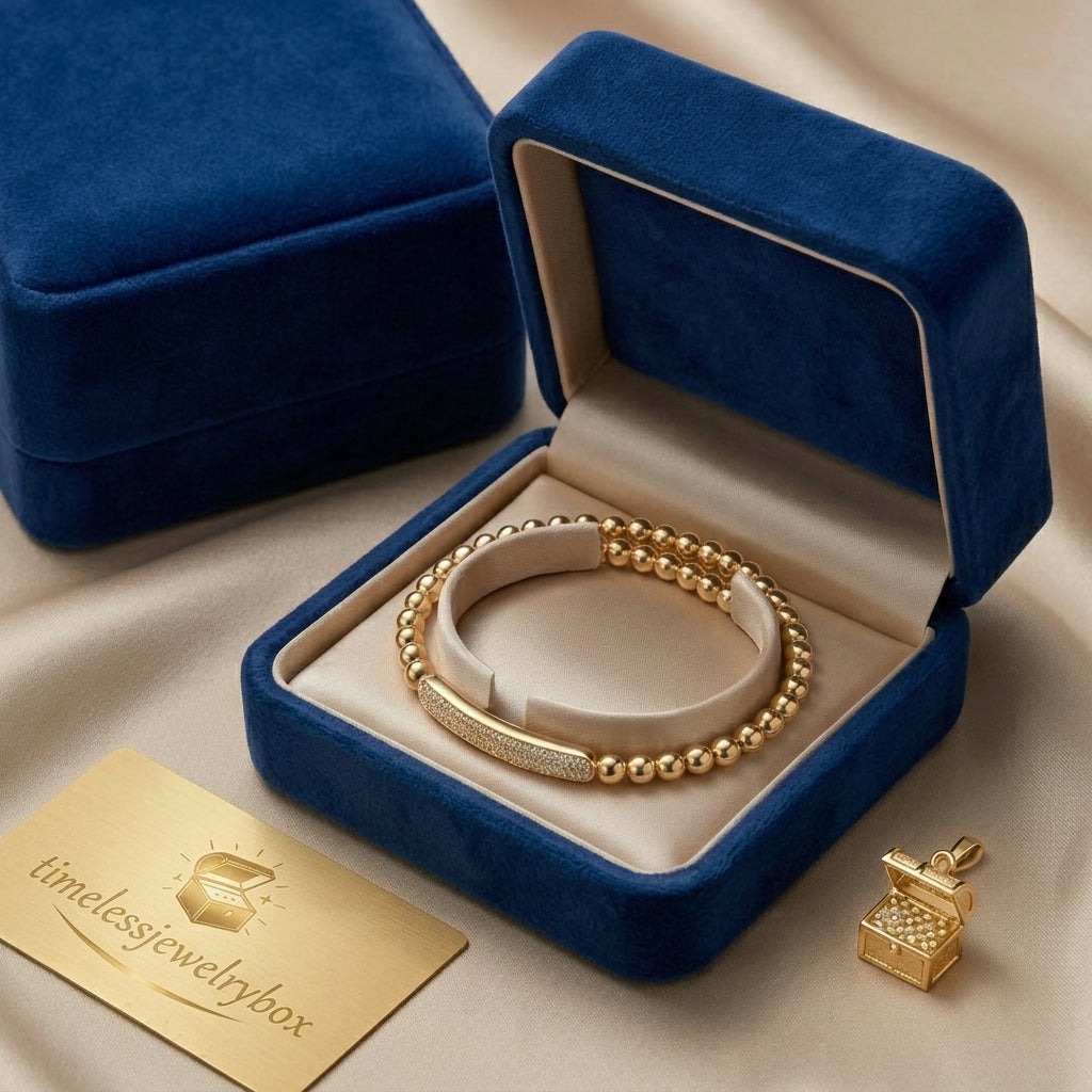 Gold-Plated Beaded Bangle with Crystal Bar